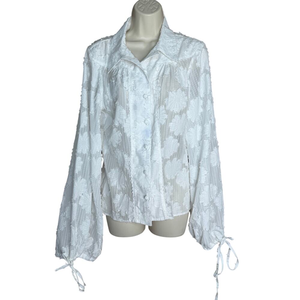 Unique Vintage White Sheer Jacquard Floral Balloon Sleeve Blouse M NWOT